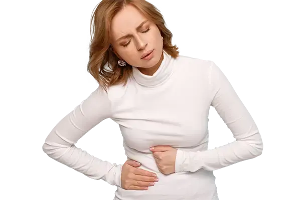 female holding her stomach.